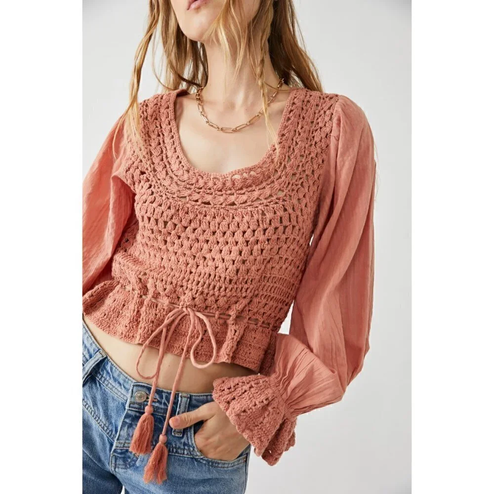 FREE PEOPLE Megan Crochet Top Shirt / Coral Sand S